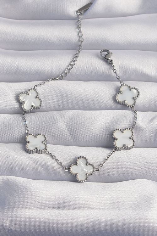 YRTCL 316L Çelik Gümüş Renk Beyaz Sedefli Yonca Bileklik