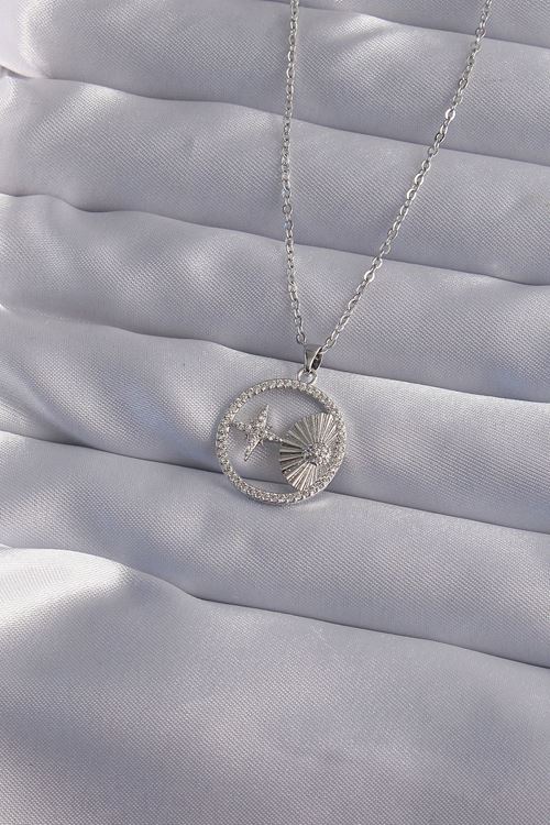 YRTCL 316L Çelik Zincir Gümüş Renk Zirkon Taşlı Yıldız Figürlü Oval Kolye