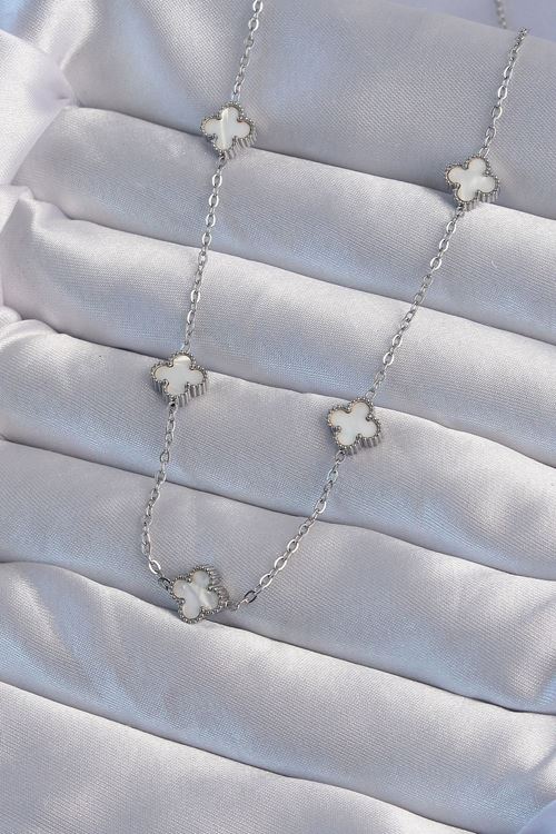 YRTCL 316L Çelik Gümüş Renk Minimal Beyaz Sedefli Yonca Kolye