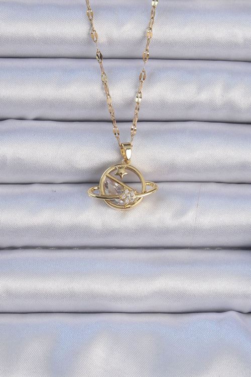 YRTCL 316L Çelik Zincir Altın Renk Zirkon Taşlı Yıldızlı Satürn Kolye