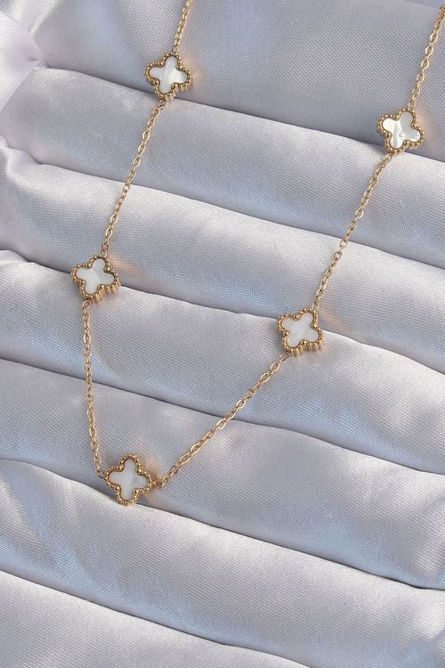 YRTCL 316L Çelik Gold Renk Minimal Beyaz Sedefli Yonca Kolye