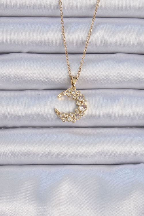 YRTCL 316L Çelik Zincir Altın Renk Zirkon Taşlı Ay Kolye