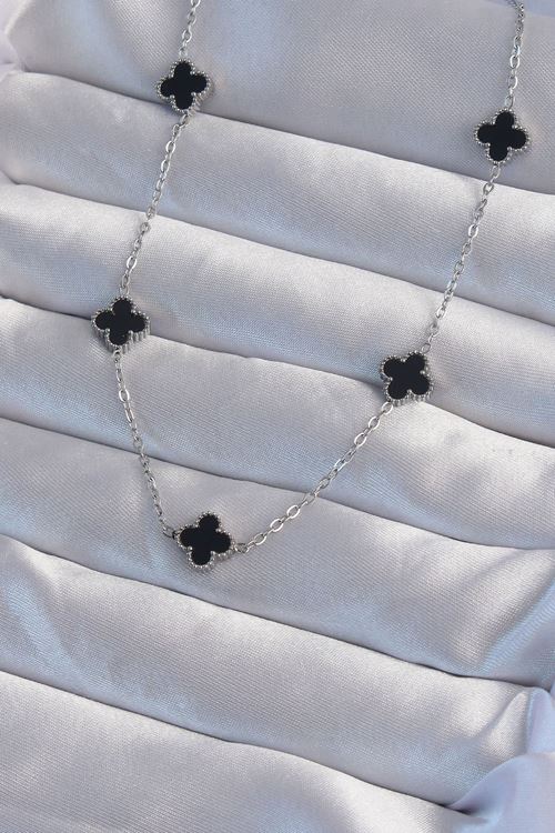 YRTCL 316L Çelik Gümüş Renk Minimal Siyah Mineli Yonca Kolye