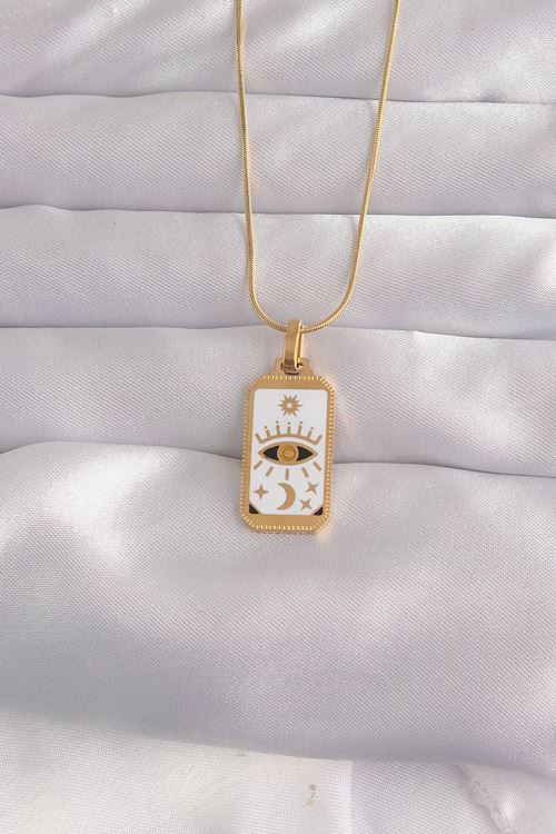YRTCL 316L Çelik Gold Renk Beyaz Mineli Göz Figür Tarot Kolye