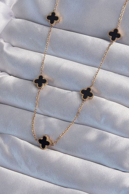 YRTCL 316L Çelik Gold Renk Minimal Siyah Mineli Yonca Kolye