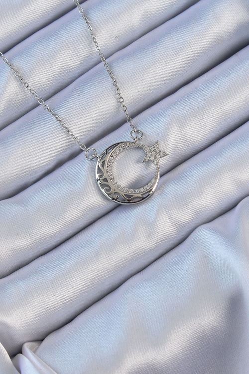 YRTCL 316L Çelik Zincir Gümüş Renk Zirkon Taşlı Motifli Ay Yıldız Kolye