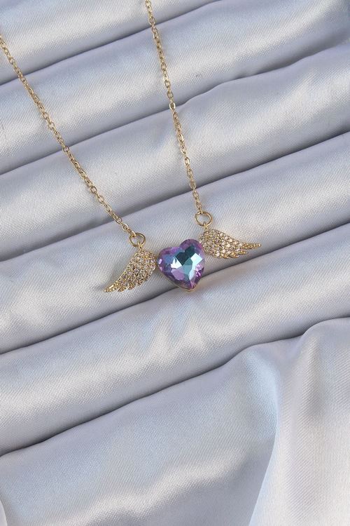 YRTCL 316L Çelik Zincir Altın Renk Mavi Mor Zirkon Taşlı Kanatlı Kalp Kolye