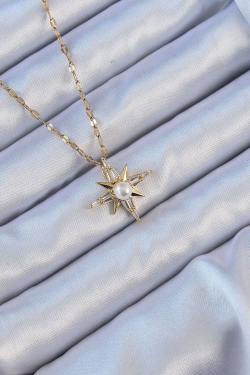 YRTCL 316L Çelik Zincir Altın Renk Baget Taşlı İnci Detay Kutup Yıldızı Kolye