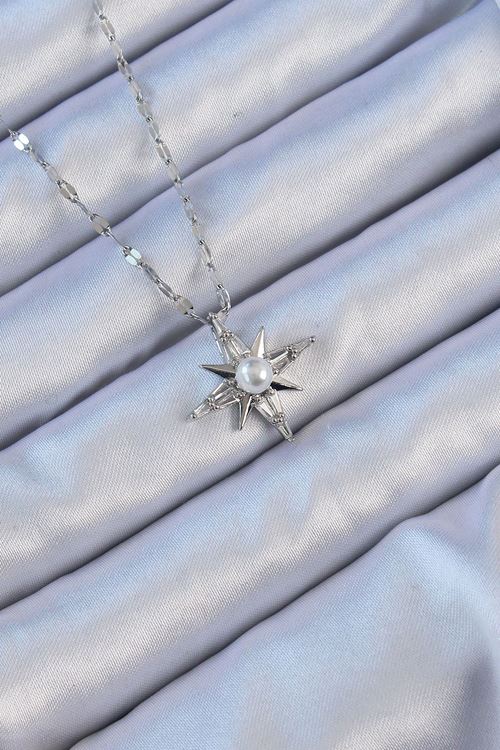 YRTCL 316L Çelik Zincir Gümüş Renk Baget Taşlı İnci Detay Kutup Yıldızı Kolye