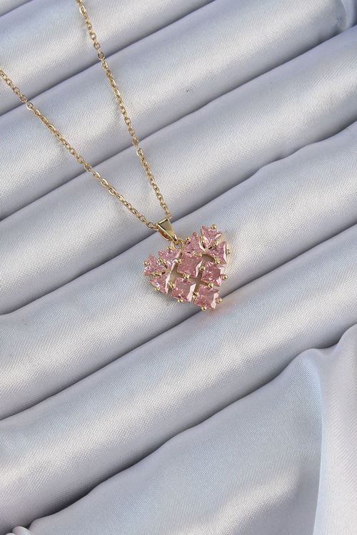 YRTCL 316L Çelik Zincir Altın Renk Pembe Parçalı Zirkon Taşlı Kalp Kolye