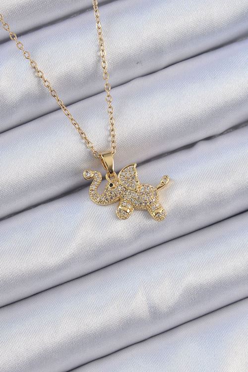 YRTCL 316L Çelik Zincir Altın Renk Zirkon Taşlı Fil Kolye