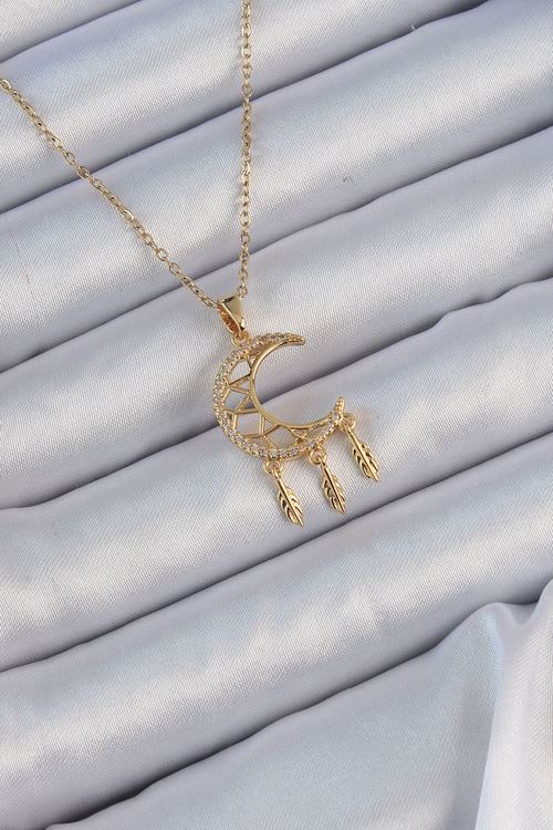 YRTCL 316L Çelik Zincir Altın Renk İşlemeli Zirkon Taşlı Ay Kolye