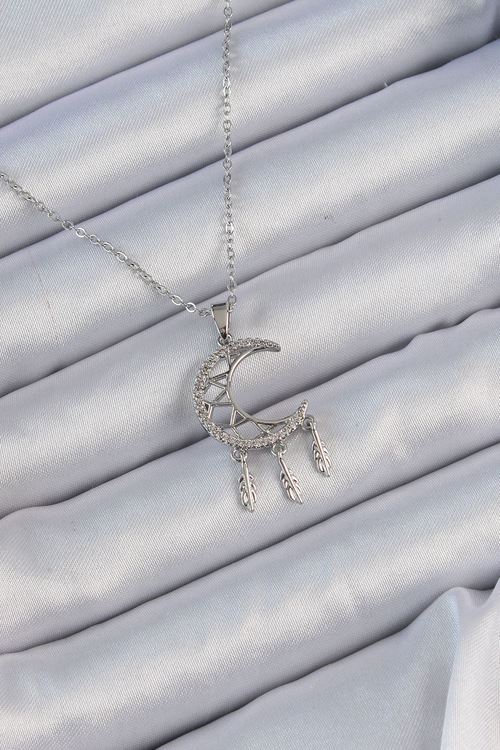 YRTCL 316L Çelik Zincir Gümüş Renk İşlemeli Zirkon Taşlı Ay Kolye