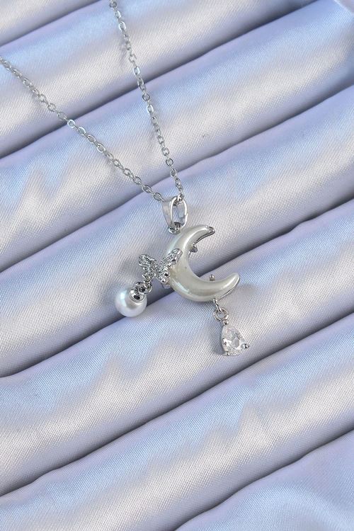 YRTCL 316L Çelik Zincir Gümüş Renk Zirkon Taşlı Kelebekli Mineli Ay Kolye