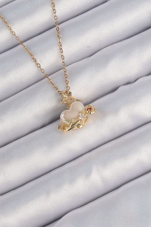 YRTCL 316L Çelik Zincir Altın Renk Sedefli Kalp Figür Zirkon Taşlı Gezegen Kolye