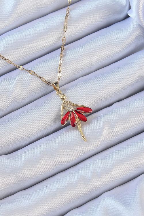 YRTCL 316L Çelik Zincir Altın Renk Kırmızı Etekli Zirkon Taşlı Balerin Kolye