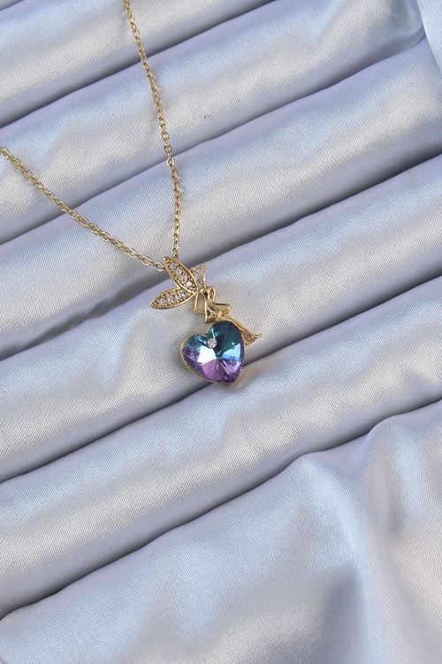 YRTCL 316L Çelik Zincir Altın Renk Mor Mavi Renk Zirkon Taşlı Kalp Detay Peri Kolye