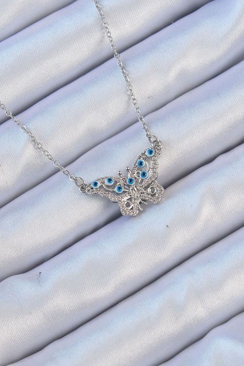 YRTCL 316L Çelik Zincir Gümüş Renk Zirkon Taşlı Nazarlı Kelebek Kolye