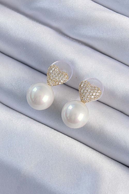 YRTCL Pirinç Altın Renk Zirkon Taşlı Kalp Model İnci Tasarım Kadın Küpe