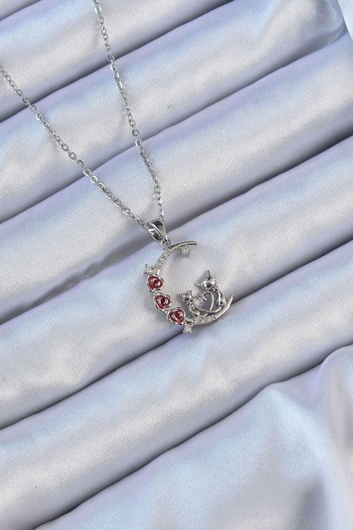 YRTCL 316L Çelik Zincir Gümüş Renk Kırmızı Gül Detay Kedi Figür Zirkon Taşlı Ay Kolye