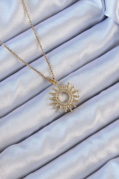 YRTCL 316L Çelik Zincir Altın Renk Zirkon Taşlı Parlayan Güneş Kolye