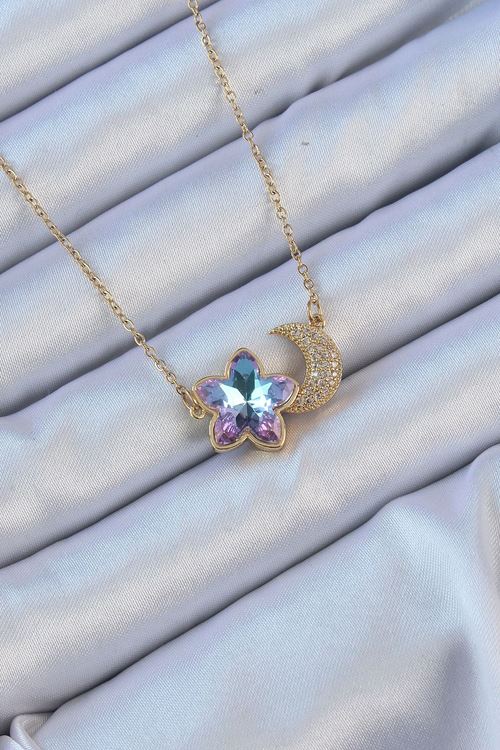 YRTCL 316L Çelik Zincir Altın Renk Ay Tasarımlı Renkli Zirkon Taşlı Çiçek Kolye