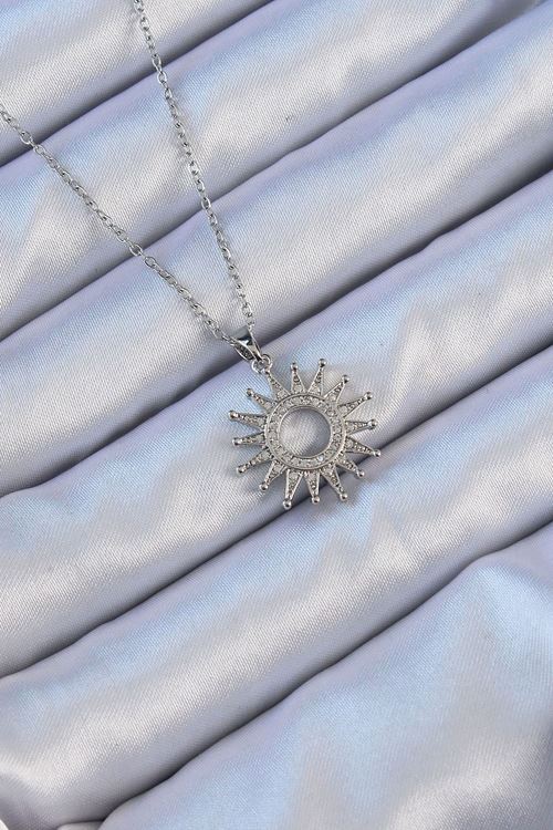 YRTCL 316L Çelik Zincir Gümüş Renk Zirkon Taşlı Parlayan Güneş Kolye