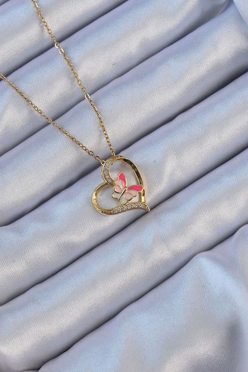 YRTCL 316L Çelik Zincir Altın Renk Mineli Kelebek Figür Zirkon Taşlı Kalp Kolye