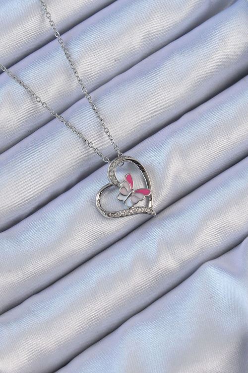 YRTCL 316L Çelik Zincir Gümüş Renk Mineli Kelebek Figür Zirkon Taşlı Kalp Kolye