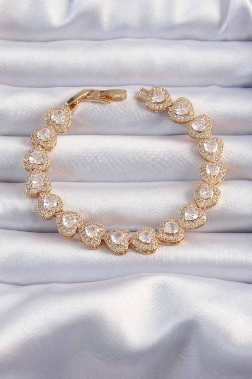 YRTCL Pirinç Vip Seri Gold Renk Zirkon Taşlı Kalp Model Bileklik