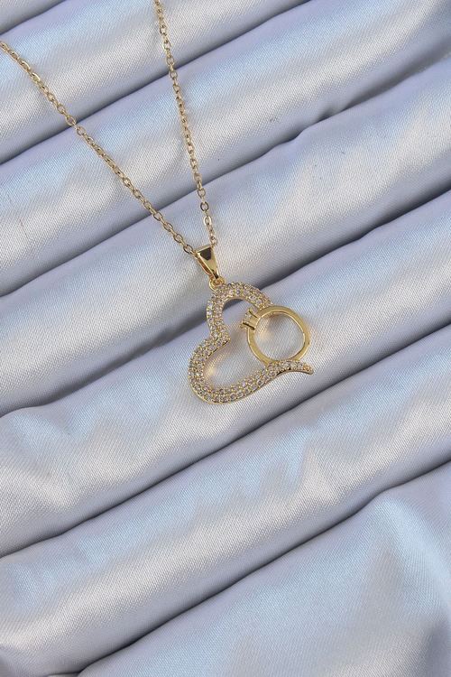 YRTCL 316L Çelik Zincir Altın Renk Zirkon Taşlı Yüzüklü Kalp Kolye