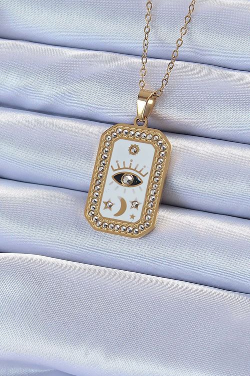 YRTCL 316L Çelik Zincir Altın Renk Mineli Zirkon Taşlı Göz Figür Tarot Kolye
