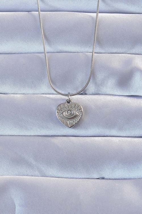 YRTCL 316L Gümüş Renk Zirkon Taşlı İşlemeli Göz Detay Kalp Kolye