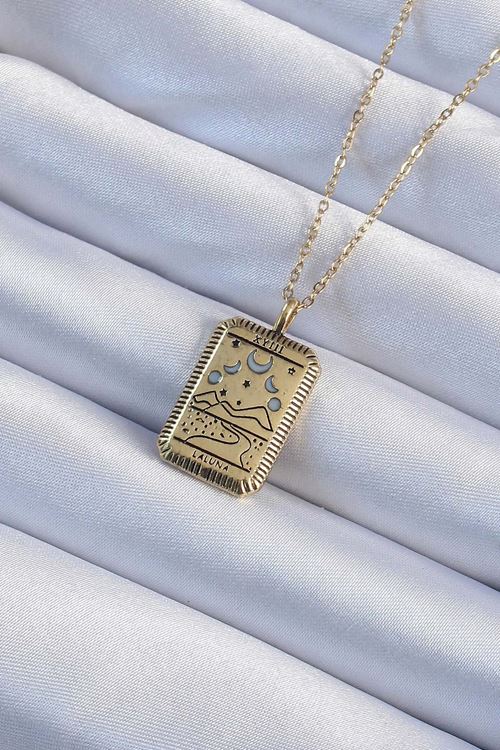 YRTCL 316L Çelik Zincir Eskitme Altın Renk Ay Figürlü Tarot Kolye