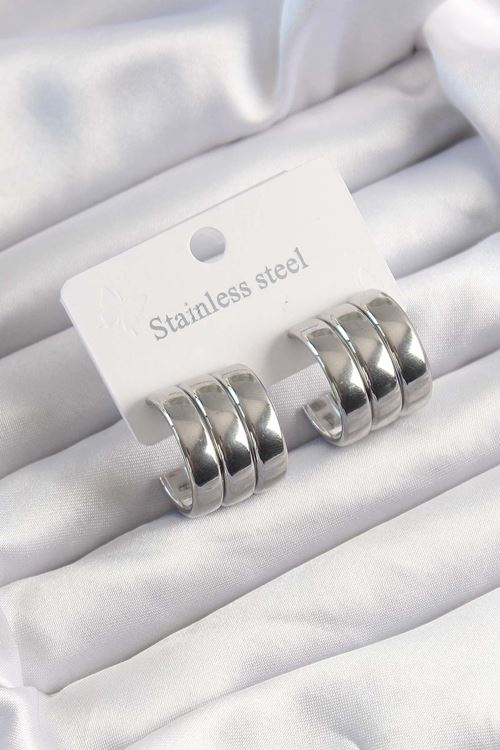 YRTCL 316L Çelik Gümüş Renk 3lü Görünüm Bombe Model Yarım Halka Küpe