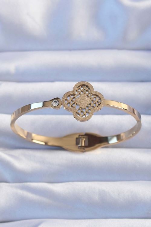 YRTCL 316L Çelik Altın Renk Zirkon Taşlı Simli Yonca Kelepçe