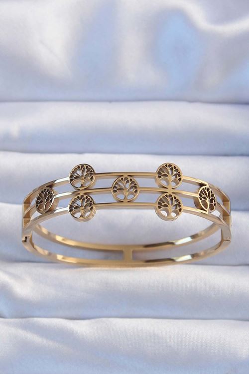 YRTCL 316L Çelik Altın Renk Minimal Yaşam Ağacı Tasarımlı Kelepçe