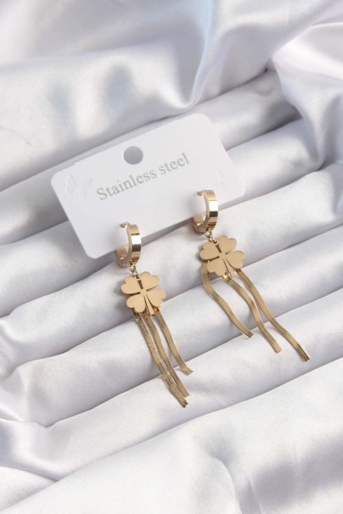 YRTCL 316L Çelik Altın Renk İtalyan Zincirli Yonca Model Halka Küpe