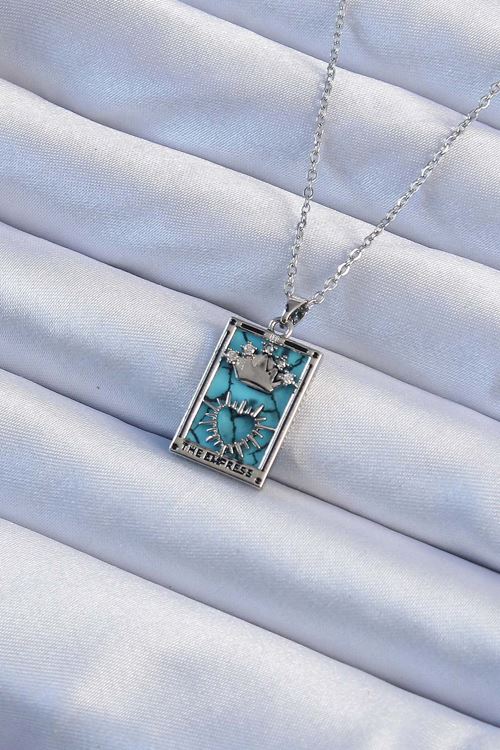 YRTCL 316L Çelik Zincir Gümüş Renk Zirkon Taşlı Mavi Mermer Desenli Taç Model Tarot Kolye