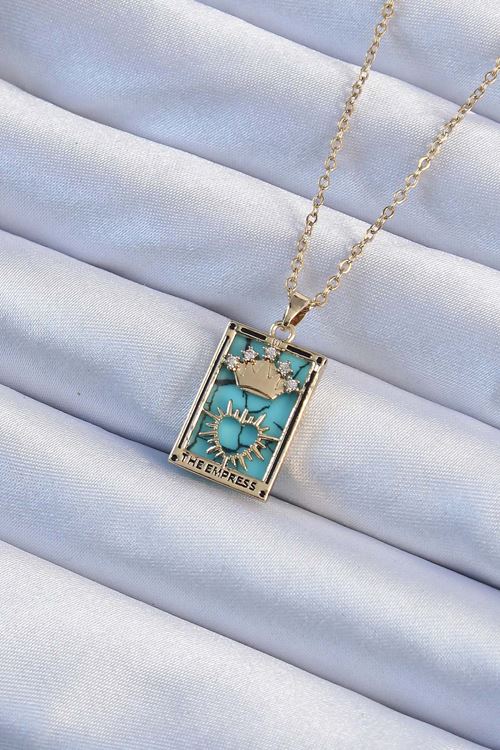 YRTCL 316L Çelik Zincir Altın Renk Zirkon Taşlı Mavi Mermer Desenli Taç Model Tarot Kolye