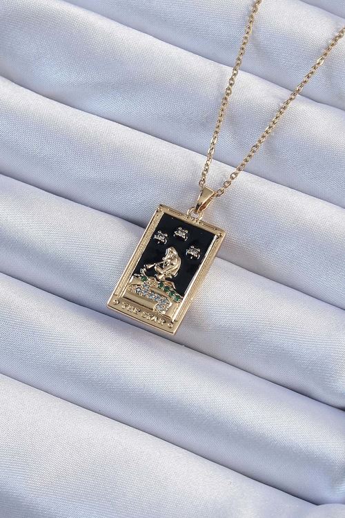 YRTCL 316L Çelik Zincir Altın Renk Zirkon Taşlı Siyah Mineli Kız Figürlü Tarot Kolye