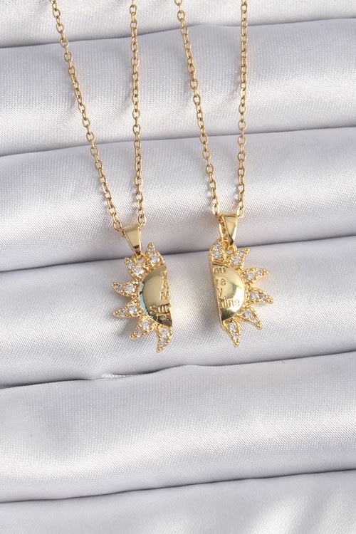 YRTCL 316L Çelik Gold Renk Zirkon Taşlı Güneş Model İşleme Yazı Detay Arkadaş Kolyesi