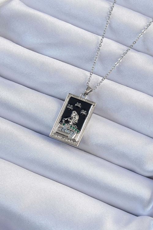 YRTCL 316L Çelik Zincir Gümüş Renk Zirkon Taşlı Siyah Mineli Kız Figürlü Tarot Kolye