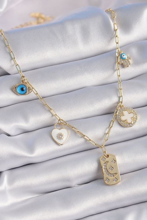 YRTCL Gold Renk Zirkon Taşlı Çoklu Figür Model Şans Kolyesi