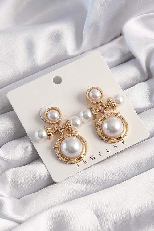 YRTCL Pirinç Gold Renk İnci Taşlı Motifli Küpe