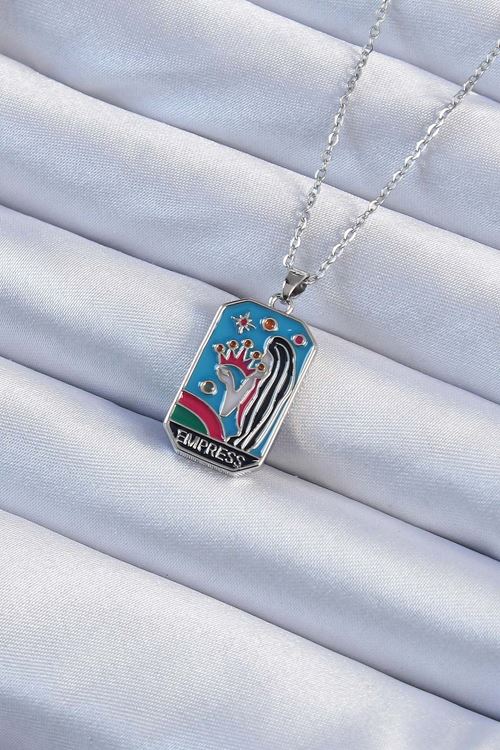 YRTCL 316L Çelik Zincir Gümüş Renk Taç ve Kız Figürlü Renkli Mineli Tarot Kolye