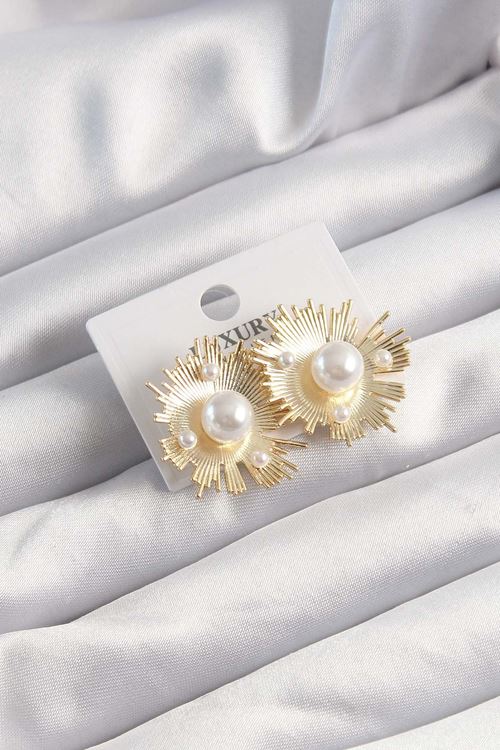 YRTCL Pirinç Gold Renk Zirkon Taşlı Parlayan İnci Taneleri Küpe