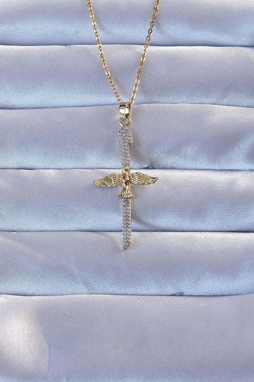 YRTCL 316L Altın Renk Zirkon Taşlı Kılıç Model Anka Kuşu Kolye