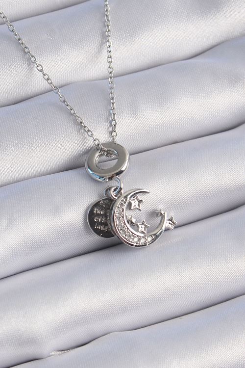 YRTCL 316L Çelik Gümüş Renk Zirkon Taşlı Ay Yıldız  Figür Charm Model Kadın Kolye