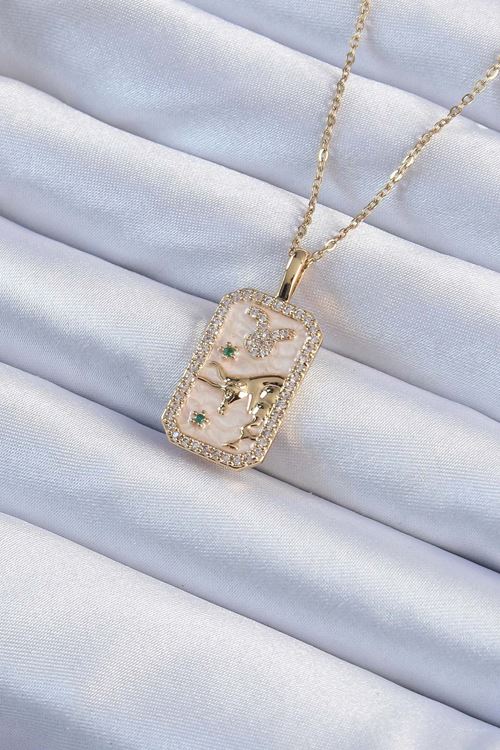 YRTCL 316L Çelik Zincir Altın Renk Zirkon Taşlı Boğa Figürlü Tarot Kolye